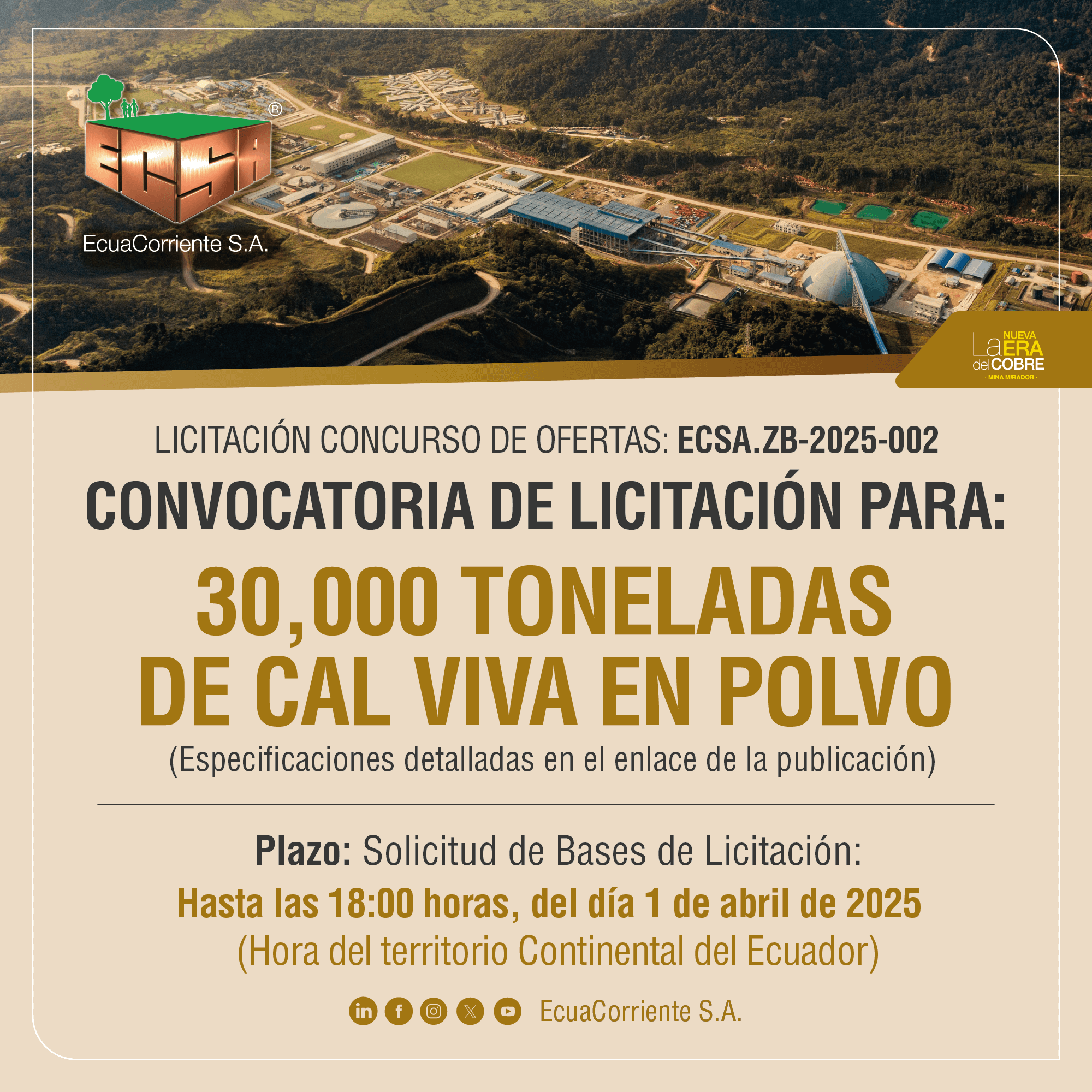 ECSA.ZB-2025-002 粉状生石灰公开招标公告Anuncio de Licitación Pública para la Adquisición de 30000 toneladas de cal viva en polvo