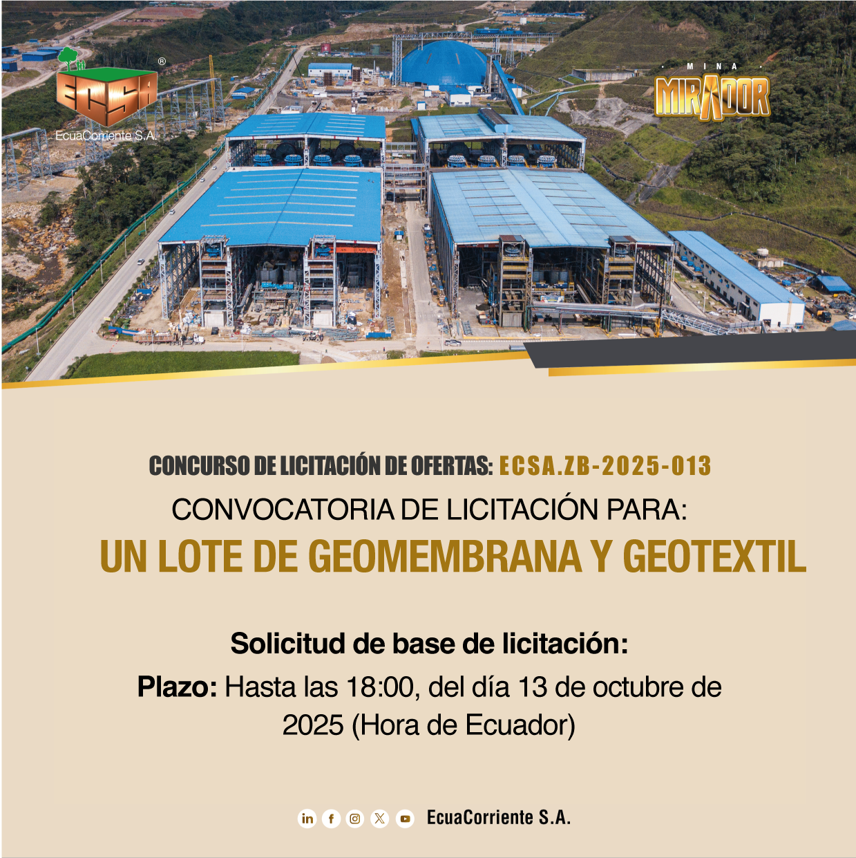 ECSA.ZB-2025-013 土工膜土工布采购公开招标公告 La convocatoria a licitación pública para la adquisición de Geomembrana y Geotextil