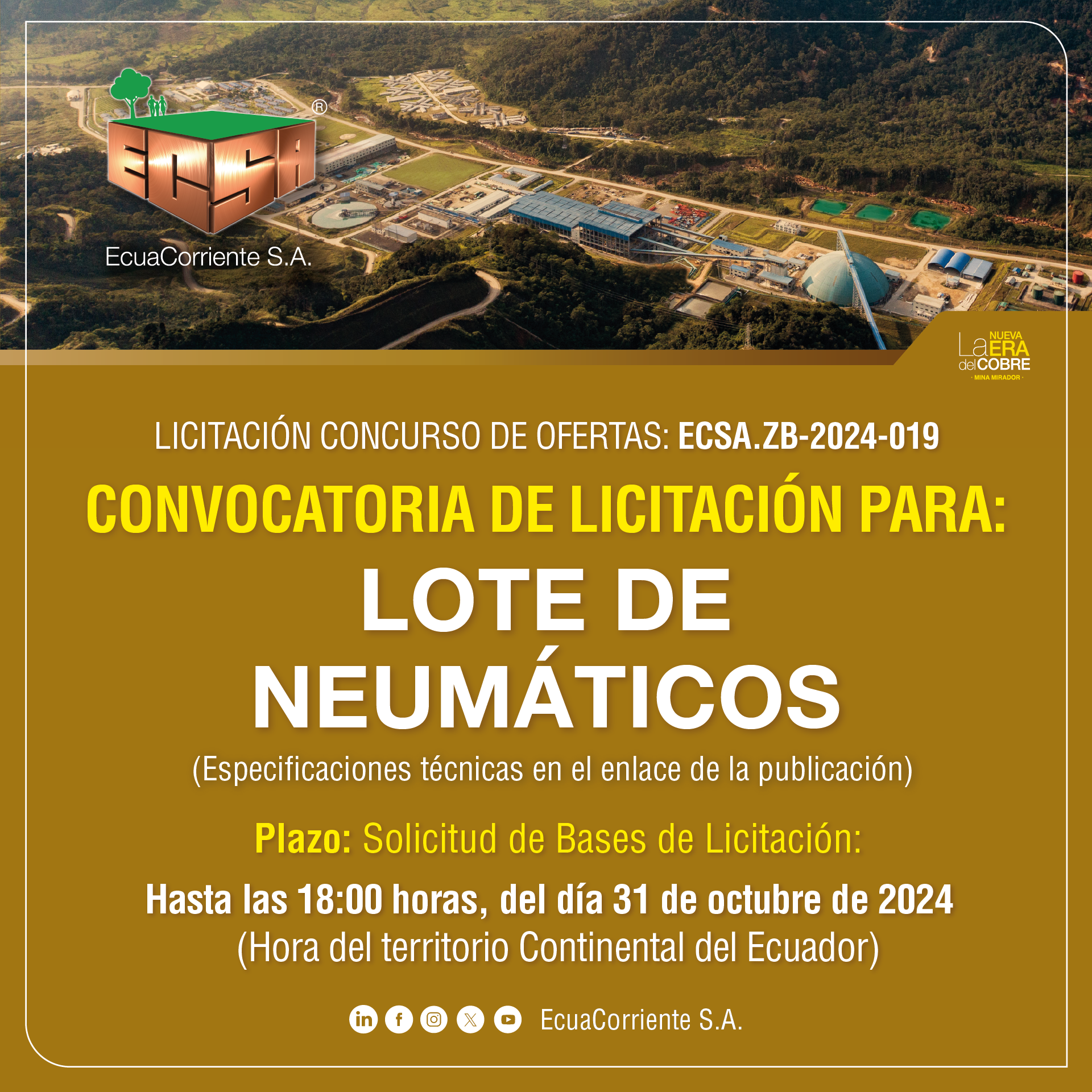 ECSA.ZB-2024-019 轮胎采购公开招标招标公告Convocatoria de Licitación Publica para neumaticos