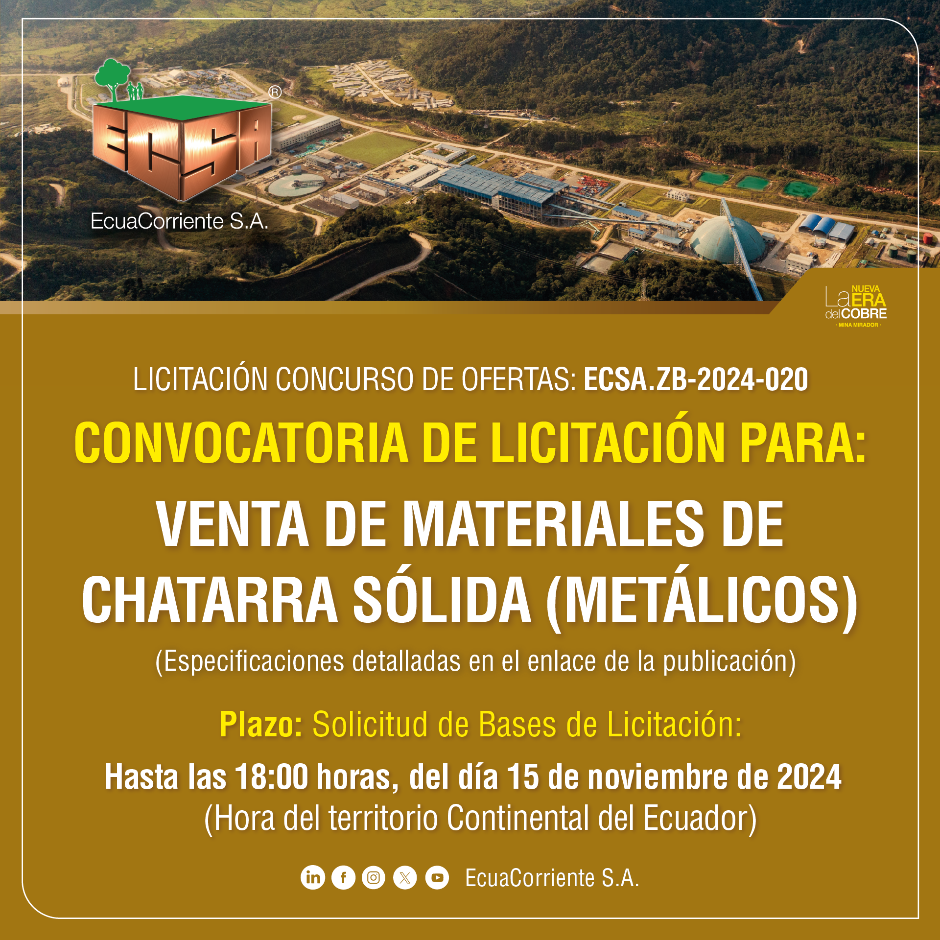 ECSA.ZB-2024-020 废旧物资销售公开招标公告Anúncio de licitación pública para la venta de chatarra