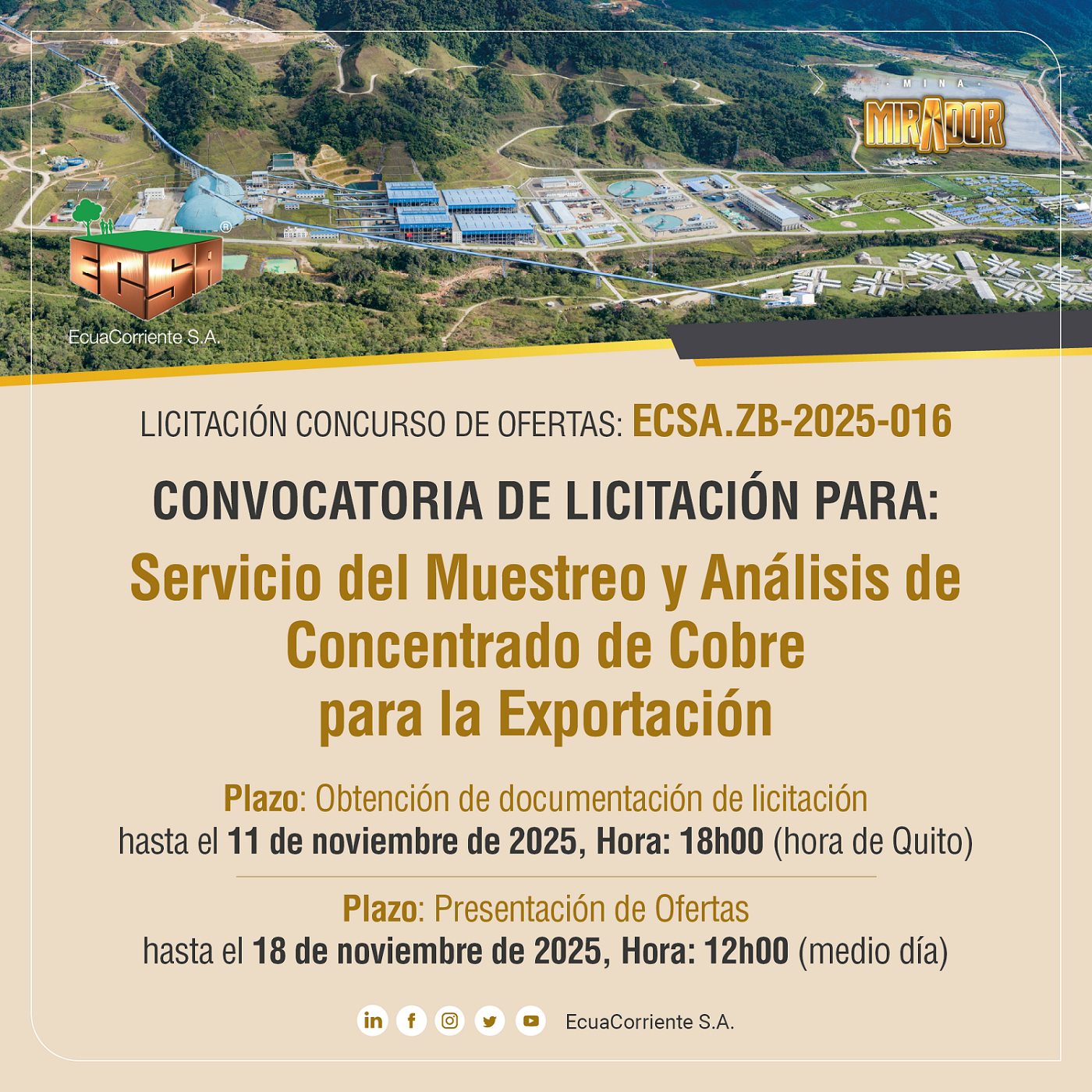 ECSA.ZB-2025-016 出口铜精矿取样检测服务公开招标公告Anuncio de Licitación Pública para Servicio de muestreo y análisis de concentrado de cobre para la exportación