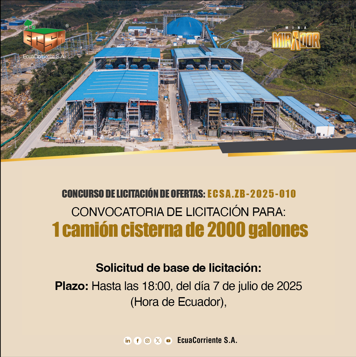 ECSA.ZB-2025-010 2000加仑加油车公开招标公告 La convocatoria a licitación pública para la adquisición de un camión cisterna de combustibles de 2000 galones 