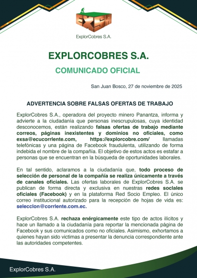EXPLORCOBRES S.A. - COMUNICADO OFICIAL